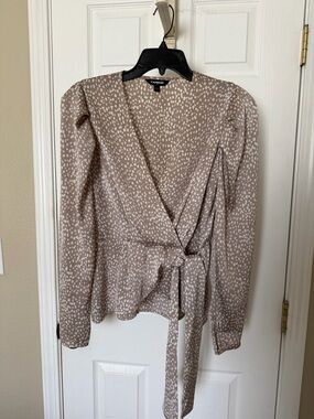 Express Taupe and White Dotted Wrap Blouse